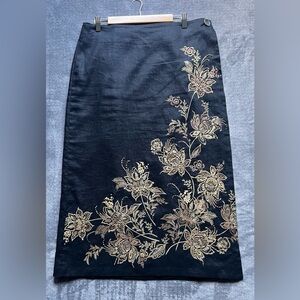 Dana Buchman Wrap Linen Skirt Sz 12 Black Tan Embroidered Beaded Floral Modest